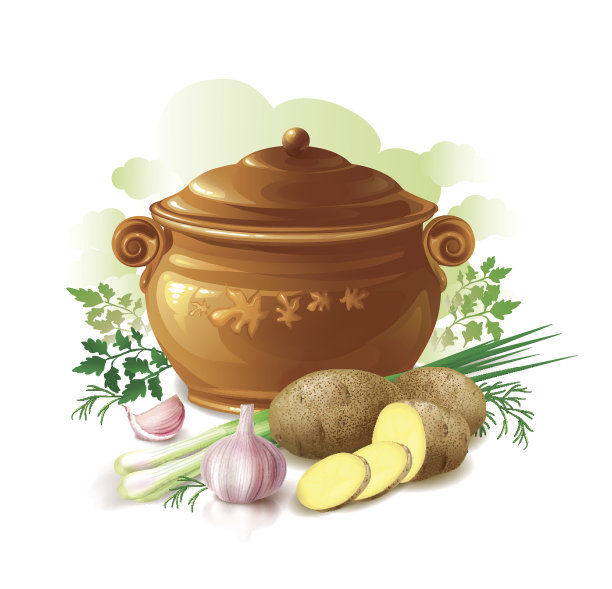 陶瓷锅，装有土豆，葱，大蒜和香草。图片下载