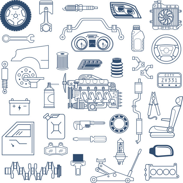 车库。矢量汽车零件设置轮廓细节。孤立的图片下载