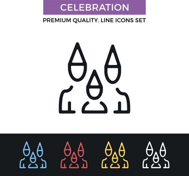 庆祝矢量图标。家人戴着派对帽。细线的图标图片下载