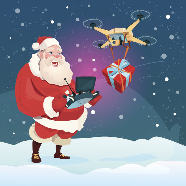 圣诞老人手持移控制器无人机送礼物，新年图片下载