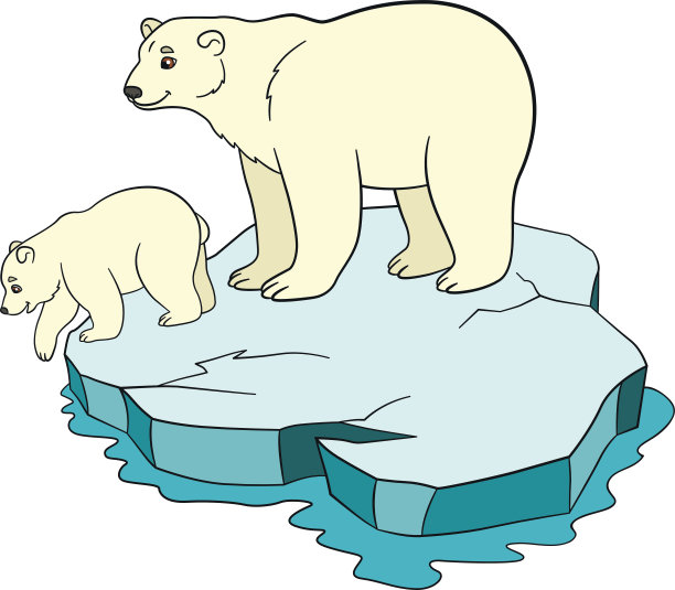 卡通动物。妈妈带着她的孩子去极地。素材图片