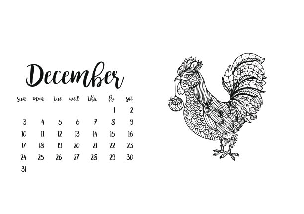 12月书桌日历模板与涂鸦风格的公鸡图片下载