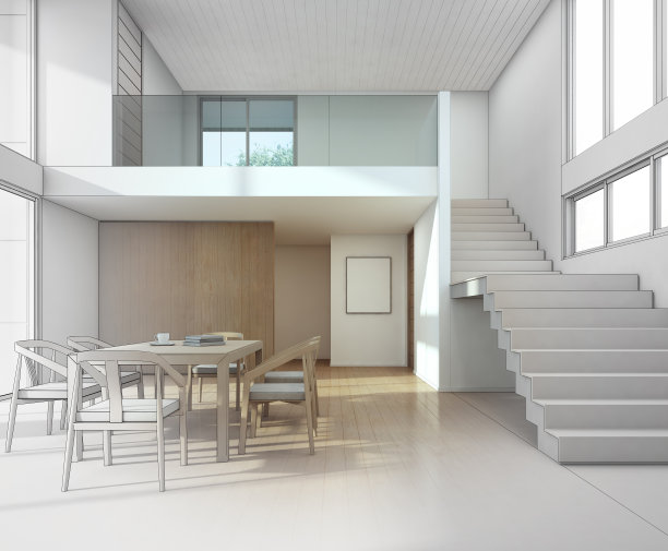 现代住宅中会议、餐厅的草图设计图片下载