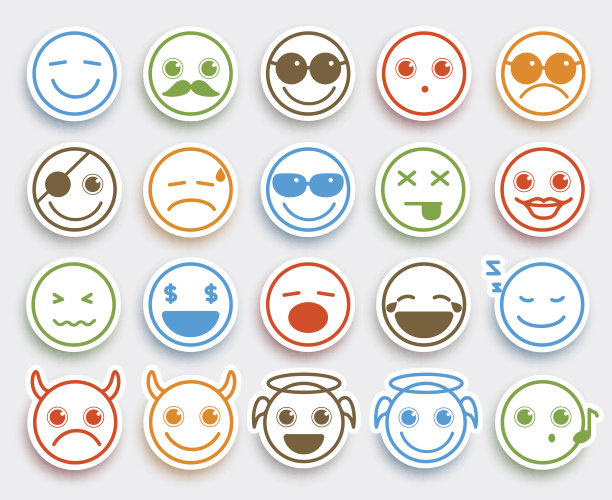 白色扁平图标贴纸中的笑脸矢量表情符号图片下载