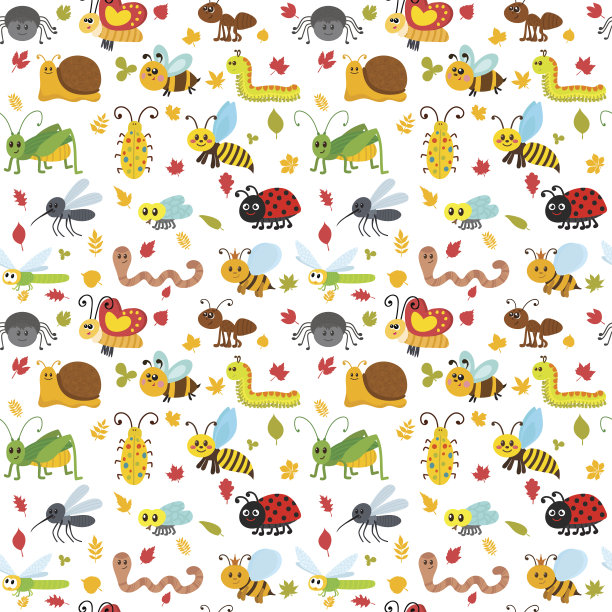 可爱的卡通无缝图案与昆虫和树叶图片下载