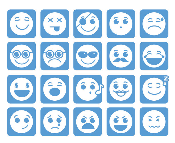 方形蓝色按钮中的笑脸矢量图标，表达各种情感图片下载