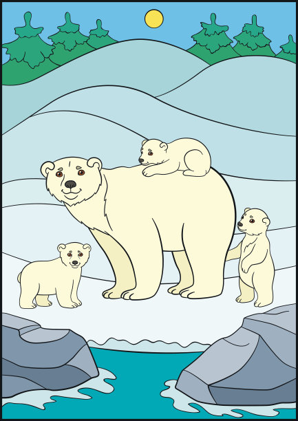 卡通动物。熊妈妈带着她可爱的小婴儿。素材图片