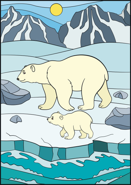 卡通动物。熊妈妈带着她的宝宝散步。素材图片