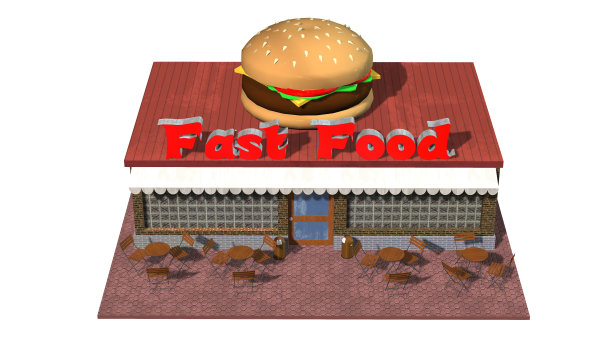3d快餐汉堡餐厅建筑孤立的白色背景图片下载