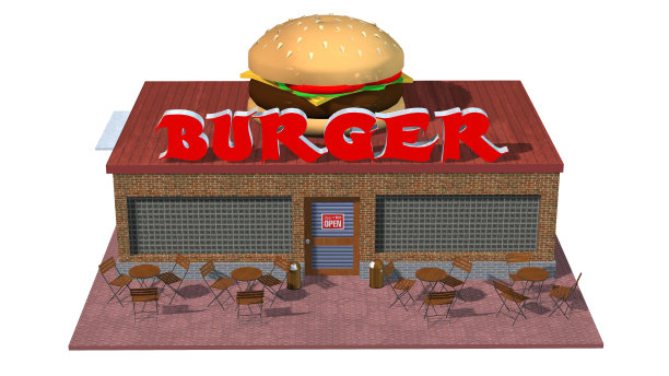 3d快餐汉堡餐厅建筑孤立的白色背景图片下载