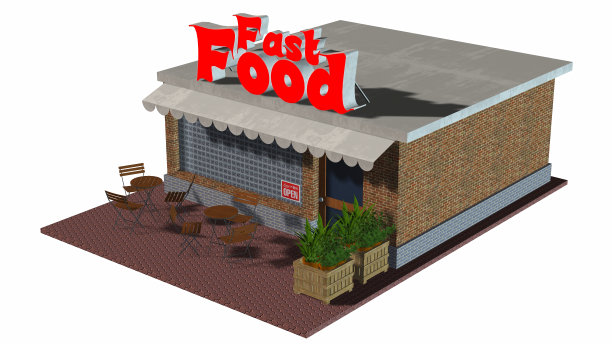 3d快餐汉堡餐厅建筑孤立的白色背景图片下载