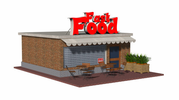 3d快餐汉堡餐厅建筑孤立的白色背景图片下载