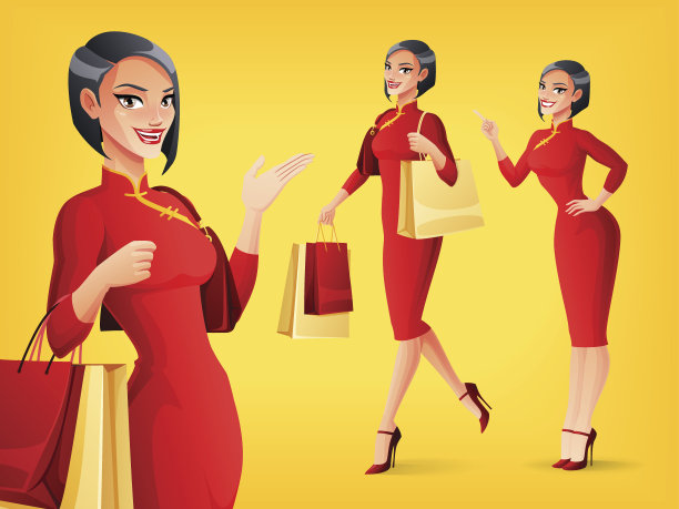 微笑的中国女人在不同的姿势。向量集。图片下载