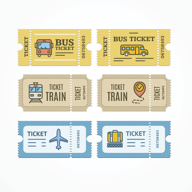 巴士，火车，机票，平坦的图标。向量图片下载