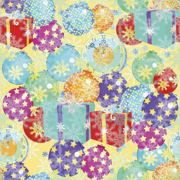 无缝图案圣诞树装饰球、礼物和雪花图片下载