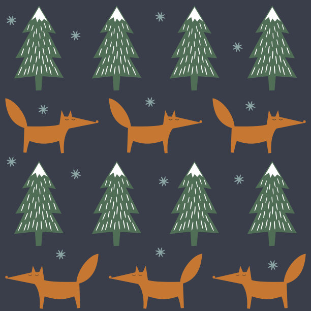 狐狸，圣诞树，雪花无缝图案在深蓝色的背景上。图片下载
