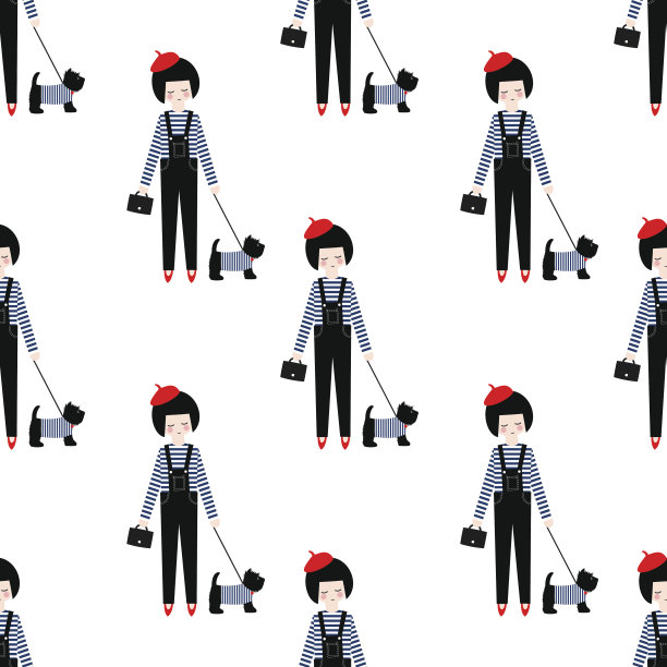 可爱的女孩与苏格兰梗无缝图案上的白色背景。图片下载