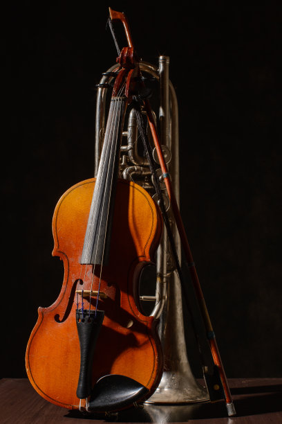 木制地板上的破喇叭和小提琴图片下载