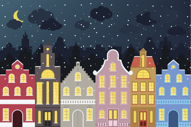 一套欧式风格的彩色卡通建筑在冬天。图片下载