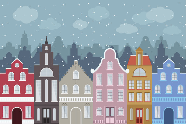 一套欧式风格的彩色卡通建筑在冬天。图片下载