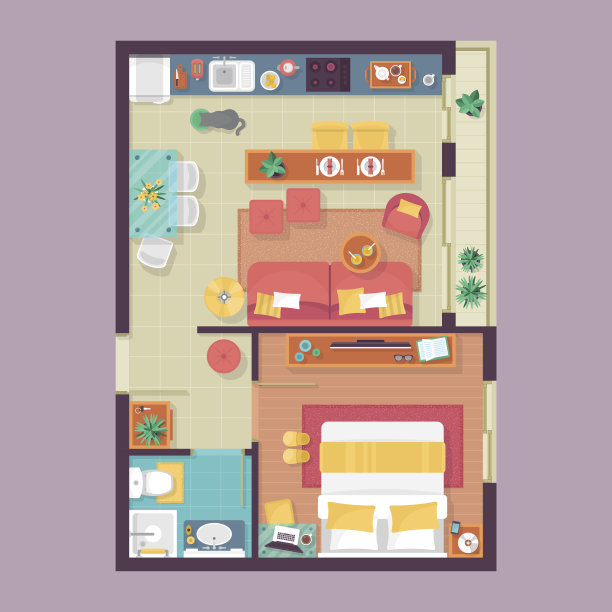 公寓平面图俯视图。用于室内设计的家具图片下载