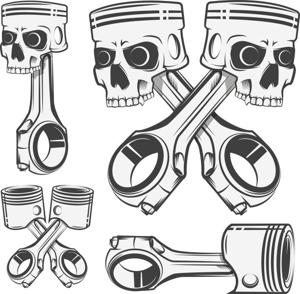 一套头骨活塞的标志，设计纹身，标签。图片下载