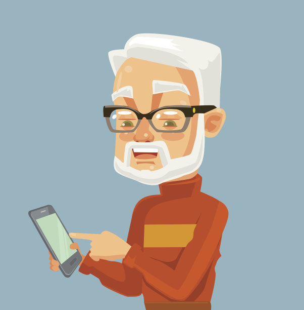 老人角色看智能手机和打字按摩图片下载