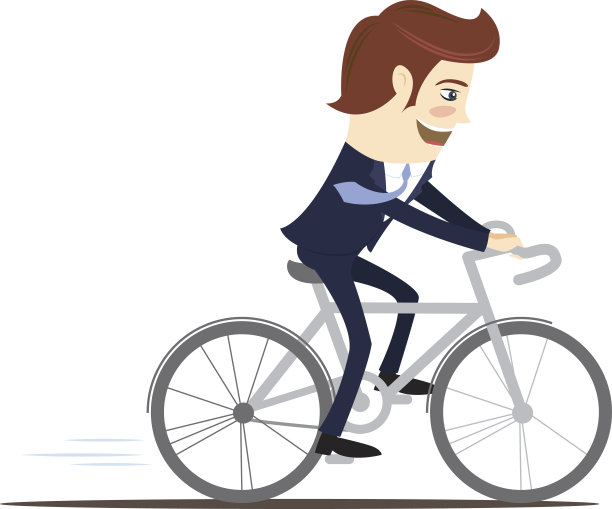 快乐的商人穿着西装骑着自行车。平的风格图片下载