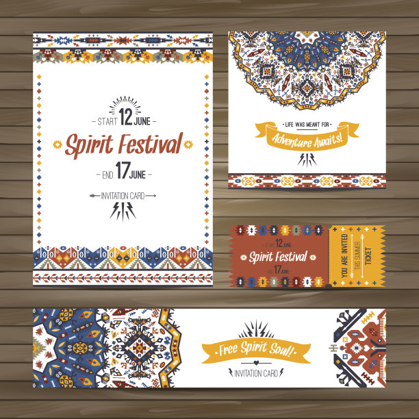 一组几何波西米亚彩色传单。矢量装饰民族问候图片下载