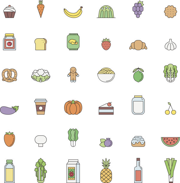 食物和饮料的大纲图标集(多色)。简单的设计。图片下载