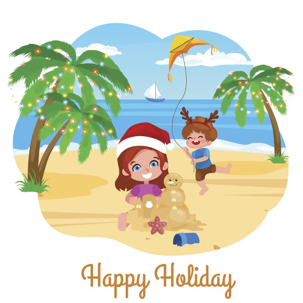 孩子们在海滩上玩耍。在海滩上过圣诞假期。图片下载