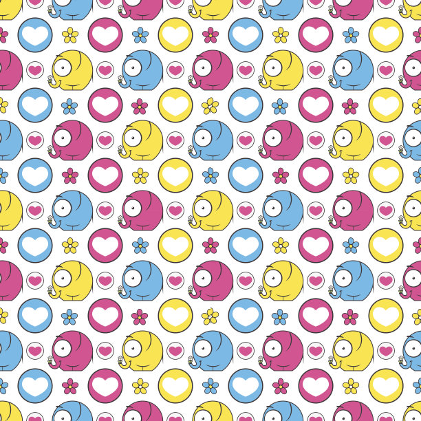 无缝纹理与卡通大象和鲜花。向量图片下载