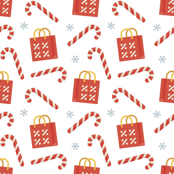 无缝扁平圣诞图案的糖果手杖和购物袋图片下载