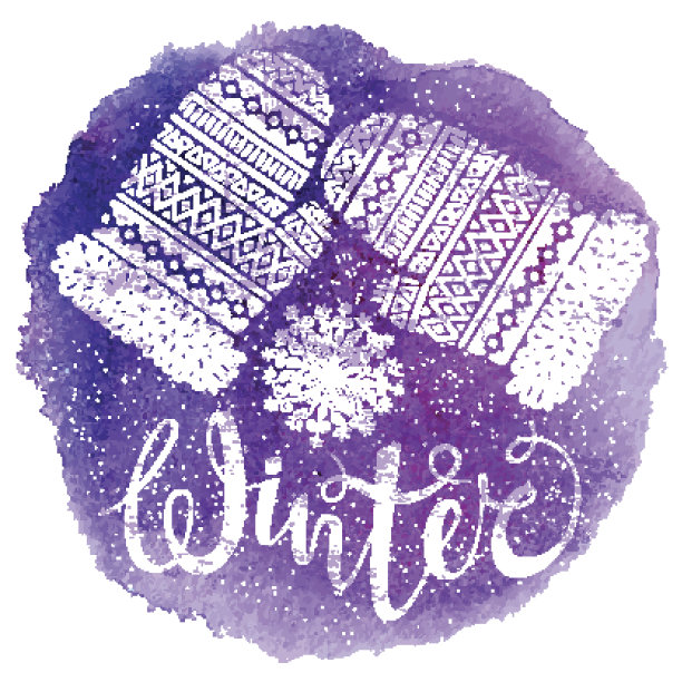 冬季文字和羊毛手套与雪花在水彩画上图片下载