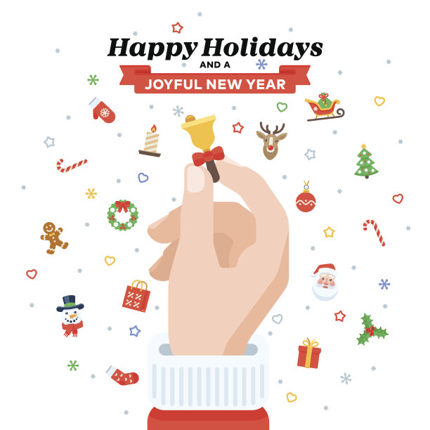 圣诞贺卡与圣诞老人的手握铃。平面设计图片下载