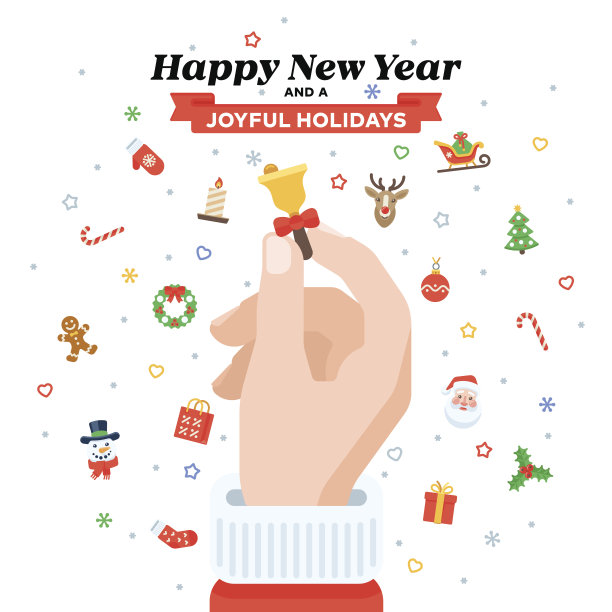 圣诞贺卡与圣诞老人的手握铃。平面设计图片下载