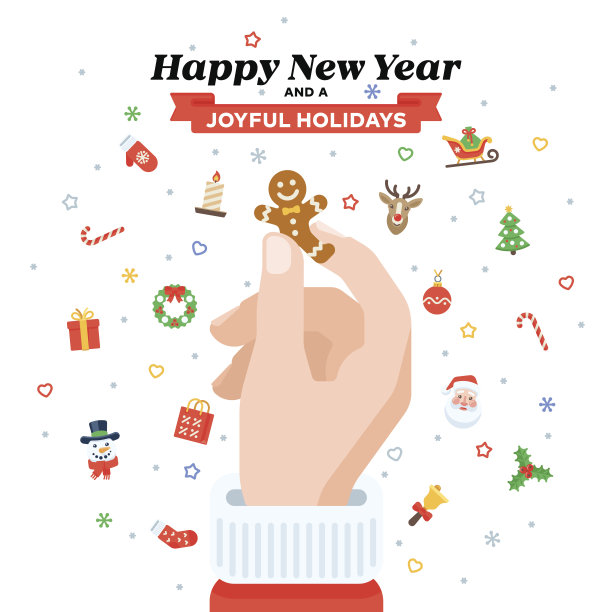 圣诞贺卡与圣诞老人的手握姜饼。平面设计图片下载