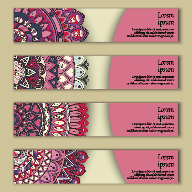 旗帜卡设置花卉色彩鲜艳的装饰曼陀罗元素背景。图片下载