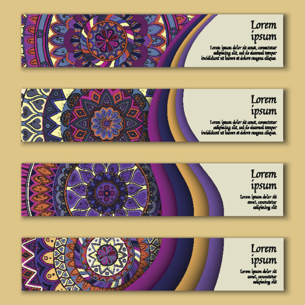 旗帜卡设置花卉色彩鲜艳的装饰曼陀罗元素背景。图片下载