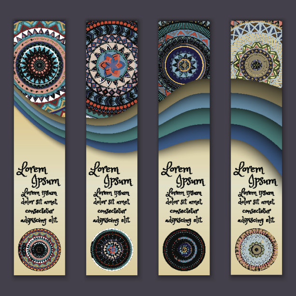 旗帜卡设置花卉色彩鲜艳的装饰曼陀罗元素背景。图片下载