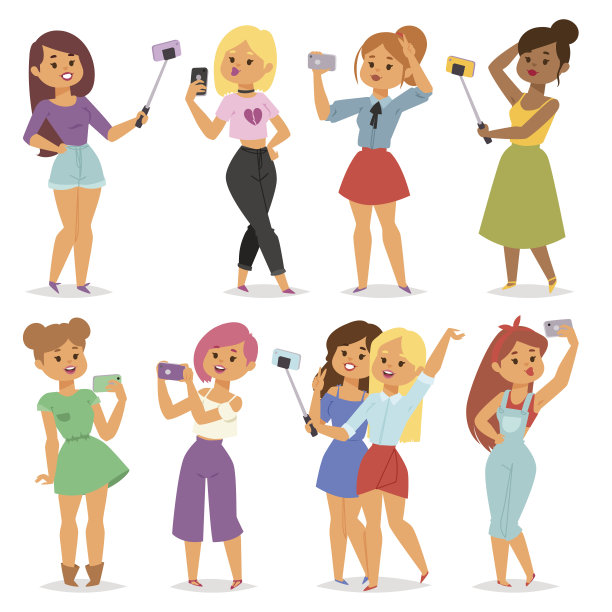 卡通自拍女孩矢量插图。图片下载