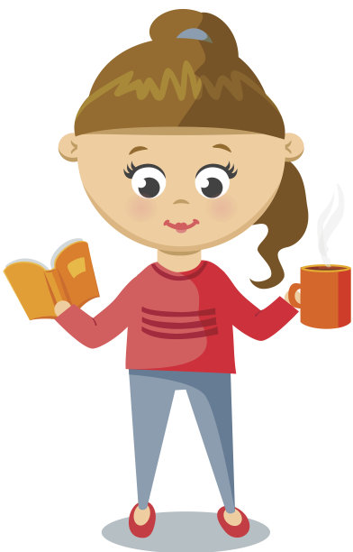 穿粉红色毛衣的女孩。可爱的杯子和书。图片下载