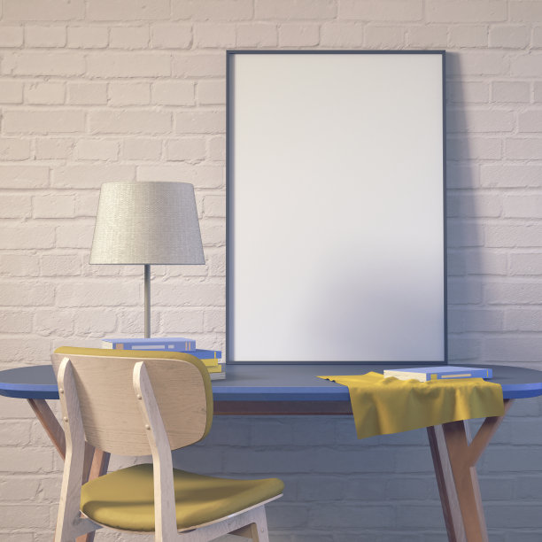 模拟工作场所与海报和灯。图片下载