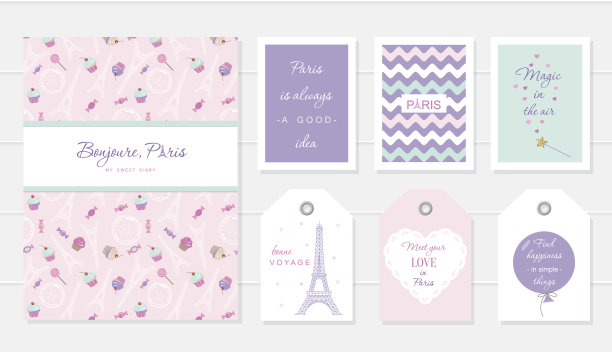 爱在巴黎设计。笔记本，卡片和标签可爱的模板图片下载