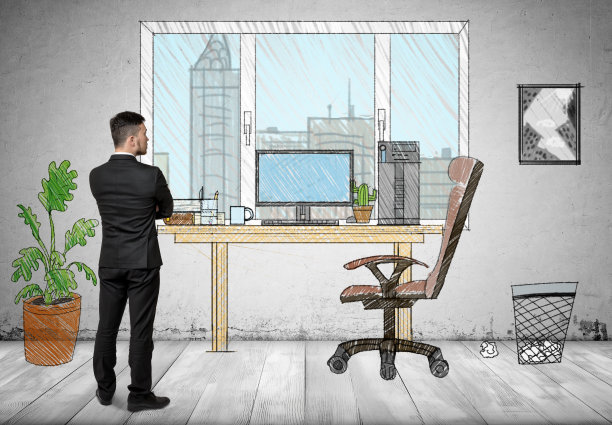 一个商人站在手绘办公室的后视图图片下载