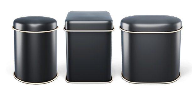 一组黑色锡罐孤立在白色背景。图片下载