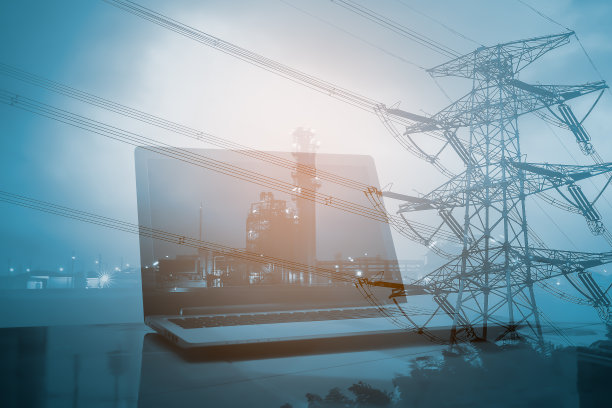 双曝光笔记本电脑模糊发电厂背景图片下载