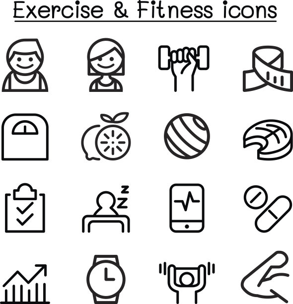 运动和健身图标设置在细线风格图片下载