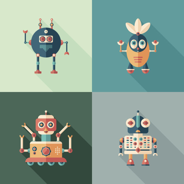 快乐的机器人平面方形图标和长阴影。组4图片下载