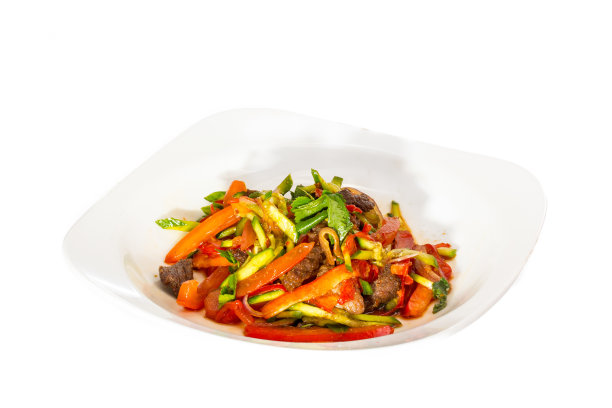 烤甜椒、西葫芦和肉的沙拉进来了图片下载